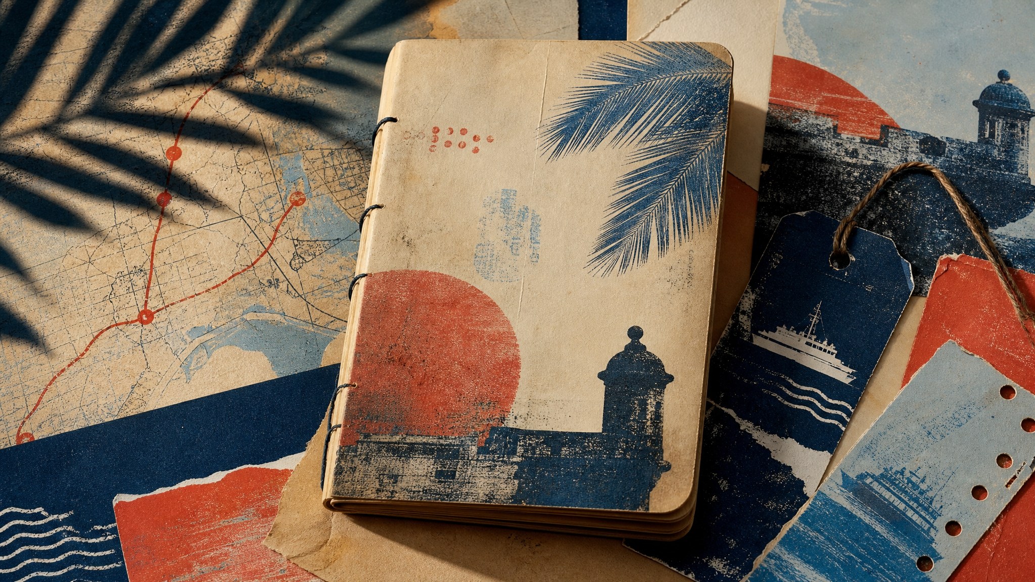 Boricua field notebook and Puerto Rico route-map travel ephemera artwork
